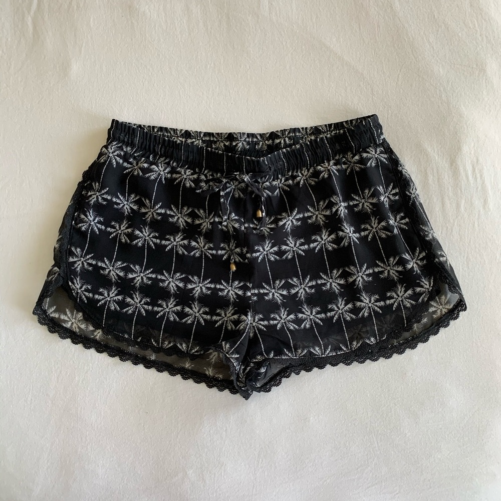 Black & White Palm Tree Shorts with Lace Detail